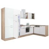 Leziter Yorki 340 sarok konyhabútor sonoma tölgy korpusz,selyemfényű fehér front alsó sütős elemmel polcos szekrénnyel, felülfagyasztós hűtős szekrénnyel