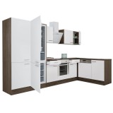 Leziter Yorki 340 sarok konyhabútor yorki tölgy korpusz,selyemfényű fehér front alsó sütős elemmel polcos szekrénnyel, alulfagyasztós hűtős szekrénnyel