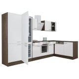 Leziter Yorki 340 sarok konyhabútor yorki tölgy korpusz,selyemfényű fehér front alsó sütős elemmel polcos szekrénnyel, alulfagyasztós hűtős szekrénnyel