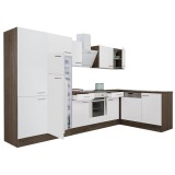 Leziter Yorki 340 sarok konyhabútor yorki tölgy korpusz,selyemfényű fehér front alsó sütős elemmel polcos szekrénnyel, felülfagyasztós hűtős szekrénnyel
