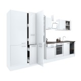 Leziter Yorki 360 konyhabútor fehér korpusz,selyemfényű fehér front alsó sütős elemmel polcos szekrénnyel és alulfagyasztós hűtős szekrénnyel
