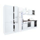 Leziter Yorki 360 konyhabútor fehér korpusz,selyemfényű fehér front alsó sütős elemmel polcos szekrénnyel és felülfagyasztós hűtős szekrénnyel