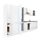 Leziter Yorki 360 konyhabútor fehér korpusz,selyemfényű fehér fronttal polcos szekrénnyel és alulfagyasztós hűtős szekrénnyel