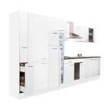 Leziter Yorki 360 konyhabútor fehér korpusz,selyemfényű fehér fronttal polcos szekrénnyel és felülfagyasztós hűtős szekrénnyel