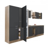 Leziter Yorki 360 konyhabútor sonoma tölgy korpusz,selyemfényű antracit fronttal polcos szekrénnyel és alulfagyasztós hűtős szekrénnyel