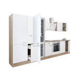 Leziter Yorki 360 konyhabútor sonoma tölgy korpusz,selyemfényű fehér front alsó sütős elemmel polcos szekrénnyel és alulfagyasztós hűtős szekrénnyel