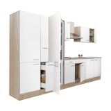Leziter Yorki 360 konyhabútor sonoma tölgy korpusz,selyemfényű fehér fronttal polcos szekrénnyel és alulfagyasztós hűtős szekrénnyel