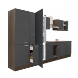 Leziter Yorki 360 konyhabútor yorki tölgy korpusz,selyemfényű antracit fronttal polcos szekrénnyel és alulfagyasztós hűtős szekrénnyel