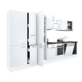 Leziter Yorki 370 konyhabútor fehér korpusz,selyemfényű fehér front alsó sütős elemmel polcos szekrénnyel és alulfagyasztós hűtős szekrénnyel
