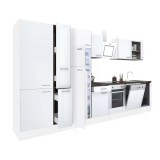 Leziter Yorki 370 konyhabútor fehér korpusz,selyemfényű fehér front alsó sütős elemmel polcos szekrénnyel és felülfagyasztós hűtős szekrénnyel