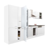 Leziter Yorki 370 konyhabútor fehér korpusz,selyemfényű fehér fronttal polcos szekrénnyel és alulfagyasztós hűtős szekrénnyel
