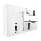 Leziter Yorki 370 konyhabútor fehér korpusz,selyemfényű fehér fronttal polcos szekrénnyel és felülfagyasztós hűtős szekrénnyel