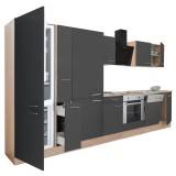 Leziter Yorki 370 konyhabútor sonoma tölgy korpusz,selyemfényű antracit front alsó sütős elemmel polcos szekrénnyel és alulfagyasztós hűtős szekrénnyel
