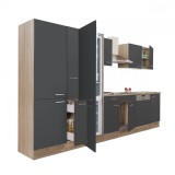 Leziter Yorki 370 konyhabútor sonoma tölgy korpusz,selyemfényű antracit fronttal polcos szekrénnyel és alulfagyasztós hűtős szekrénnyel