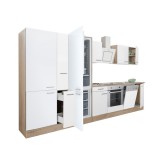 Leziter Yorki 370 konyhabútor sonoma tölgy korpusz,selyemfényű fehér front alsó sütős elemmel polcos szekrénnyel és alulfagyasztós hűtős szekrénnyel