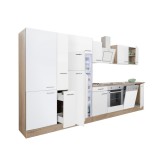Leziter Yorki 370 konyhabútor sonoma tölgy korpusz,selyemfényű fehér front alsó sütős elemmel polcos szekrénnyel és felülfagyasztós hűtős szekrénnyel