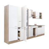 Leziter Yorki 370 konyhabútor sonoma tölgy korpusz,selyemfényű fehér fronttal polcos szekrénnyel és alulfagyasztós hűtős szekrénnyel