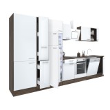 Leziter Yorki 370 konyhabútor yorki tölgy korpusz,selyemfényű fehér front alsó sütős elemmel polcos szekrénnyel és felülfagyasztós hűtős szekrénnyel
