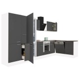 Leziter Yorki 370 sarok konyhabútor fehér korpusz,selyemfényű antracit front alsó sütős elemmel polcos szekrénnyel, alulfagyasztós hűtős szekrénnyel