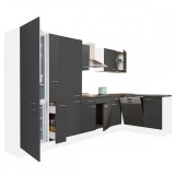 Leziter Yorki 370 sarok konyhabútor fehér korpusz,selyemfényű antracit fronttal polcos szekrénnyel és alulfagyasztós hűtős szekrénnyel