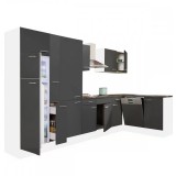 Leziter Yorki 370 sarok konyhabútor fehér korpusz,selyemfényű antracit fronttal polcos szekrénnyel és felülfagyasztós hűtős szekrénnyel