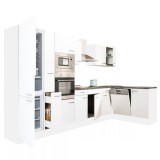 Leziter Yorki 370 sarok konyhabútor fehér korpusz,selyemfényű fehér fronttal alulagyasztós hűtős szekrénnyel