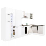 Leziter Yorki 370 sarok konyhabútor fehér korpusz,selyemfényű fehér fronttal polcos szekrénnyel és felülfagyasztós hűtős szekrénnyel