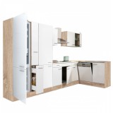 Leziter Yorki 370 sarok konyhabútor sonoma tölgy korpusz,selyemfényű fehér fronttal polcos szekrénnyel és alulfagyasztós hűtős szekrénnyel