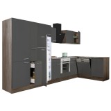 Leziter Yorki 370 sarok konyhabútor yorki tölgy korpusz,selyemfényű antracit front alsó sütős elemmel polcos szekrénnyel, felülfagyasztós hűtős szekrénnyel