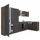 Leziter Yorki 370 sarok konyhabútor yorki tölgy korpusz,selyemfényű antracit fronttal polcos szekrénnyel és alulfagyasztós hűtős szekrénnyel