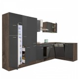 Leziter Yorki 370 sarok konyhabútor yorki tölgy korpusz,selyemfényű antracit fronttal polcos szekrénnyel és felülfagyasztós hűtős szekrénnyel