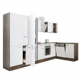 Leziter Yorki 370 sarok konyhabútor yorki tölgy korpusz,selyemfényű fehér front alsó sütős elemmel polcos szekrénnyel, alulfagyasztós hűtős szekrénnyel
