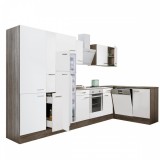 Leziter Yorki 370 sarok konyhabútor yorki tölgy korpusz,selyemfényű fehér front alsó sütős elemmel polcos szekrénnyel, felülfagyasztós hűtős szekrénnyel