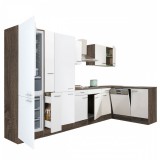 Leziter Yorki 370 sarok konyhabútor yorki tölgy korpusz,selyemfényű fehér fronttal polcos szekrénnyel és alulfagyasztós hűtős szekrénnyel