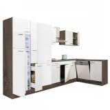 Leziter Yorki 370 sarok konyhabútor yorki tölgy korpusz,selyemfényű fehér fronttal polcos szekrénnyel és felülfagyasztós hűtős szekrénnyel