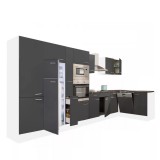 Leziter Yorki 430 sarok konyhabútor fehér korpusz,selyemfényű antracit fronttal felülfagyasztós hűtős szekrénnyel