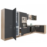 Leziter Yorki 430 sarok konyhabútor sonoma tölgy korpusz,selyemfényű antracit fronttal alulagyasztós hűtős szekrénnyel