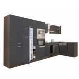 Leziter Yorki 430 sarok konyhabútor yorki tölgy korpusz,selyemfényű antracit fronttal felülfagyasztós hűtős szekrénnyel