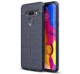 LG G8 ThinQ G820Q, TPU szilikon tok, bőrhatású, varrásminta, Sötétkék