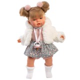 Llorens: Joelle 38cm-es síró baba cumival fehér kabátban