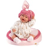 Llorens: Mimi 42cm-es mosolygós baba nyuszifüles rózsaszín sapkában párnával