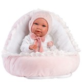 Llorens: Mimi 42cm-es síró kislány baba pink ruhában bölcsővel (74088)