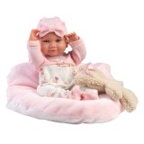 Llorens: Nica 40cm-es újszülött baba macival és rózsaszín ágyikóval