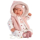 Llorens: Tina 44cm-es síró baba kapucnis rózsaszín mellényben (84440)