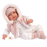 Llorens: Tina 44cm-es újszülött baba rózsaszín kapucnis mellényben