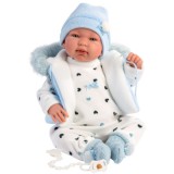 Llorens: Tino 44cm-es síró baba kapucnis kék mellényben (84439)