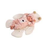 Llorens: Újszülött 36cm-es síró baba barack színű macis ruhában (63644)