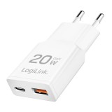 Logilink Dual-USB GaN charger 20W extra slim 1x USB-C (PD) 1x USB-A (QC) White PA0346