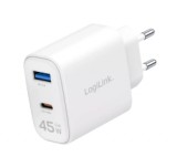 Logilink Kettős USB aljzatú adapter, 45 W, GaN, 1x USB-A, 1x USB-C, fehér