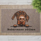Lógófülü Dobermann kutyás lábtörlő barna háttérrel (60 x 40 x 0,2 cm)